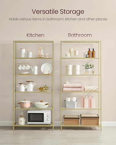 VASAGLE Bookcase, 6-Tier Bookshelf, Slim Shelving Unit for Bedroom, Bathroom, Home Office, Tempered Glass, Steel Frame, Metallic Gold ULGT503A01 - color: Metallic Gold, size: 6 Tiers (31.5"W x 69.8"H)