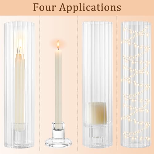 Hurricane Candle Holder Thickened Ribbed Cylinder Covers Taper Candle Sticks Holder Glass Tall Candlesticks Holders Centerpiece for Wedding Dining Table, 4 Pcs - color: Clear Ribbed