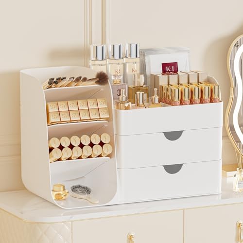Booklov Makeup Organizer for Vanity, Countertop Cosmetic Display Case with Drawers, Bathroom Counter Beauty Caddy, Comfyroom Table Storage Holder for Skincare, Brush Eyeliner Eyeshadow Lipstick, White - color: White, size: M01