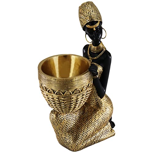 Lescafita Handmade African Tribal Woman Sculpture - Gold Adorned Seated Figure with Basket, Vintage Resin Statue for Home Decor, Unique Housewarming Gift for Shelf/Table (9.65" H) - color: 305-gold