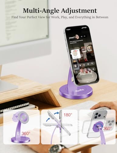 Aoviho Magnetic Phone Stand for Desk – 360° Rotating Aluminum Phone Holder, Stable Desk Stand for Office, Home & Kitchen, Compatible with iPhone 17 Pro Max 16–12 Series and MagSafe Cases, Purple - color: Purple