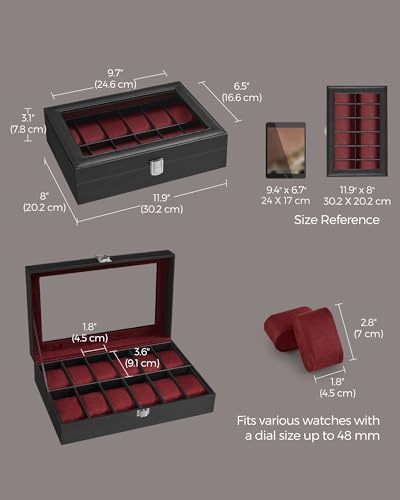 SONGMICS Watch Box, 12-Slot Watch Case Organizer with Large Glass Lid, Removable Pillows, Gift for Loved Ones, Black Synthetic Leather, Wine Red Lining UJWB120R01 - color: Black + Wine Red, size: 12 Slot