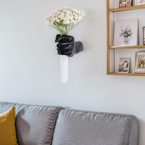 Black Wall Sculptures, Hand Vases Home Decor, Wall Mount Art Sculpture, Unique Wall Art Statue, Funky Flower Vase Decorations, Modern Eclectic Hanging Decor,Glass Test Tube Vase - color: Black