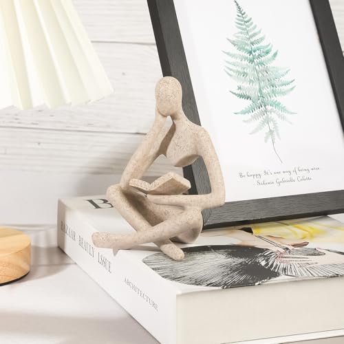 Small Bookshelf Decor Coffee Table Sculpture Abstract Thinker Statue Reading Figurine Modern Neutral Home Decoration for Office Desk Shelf ,Gifts for Readers Book Lovers Women (Sandstone ,Beige)