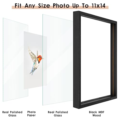 MUYE 11x14 Floating Frames Set of 2,Double Glass Picture Frame Display Any Size Photo up to 11x14,Wall Mount or Tabletop Standing,Black - color: Black, size: 11x14