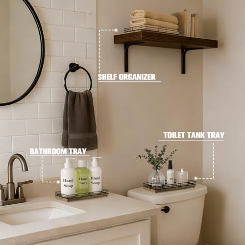 Bathroom Vanity Tray for Countertop, 12" x 6" Wood Toilet Tank Tray with Metal Guardrail, Bathroom Organizer for Soap, Perfume & Skincare, Non-Slip Decorative Tray for Dresser, Black & Rustic Brown - color: Rustic Brown, size: 12" x 6" x 1.5"