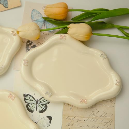 Jewelry Dish Trinket Tray for Women, Ring Dish Holder, Unique Cloud Shape Ceramic Plate Cute Things Vanity Aesthetic Room Decor Mother's Day Birthday (Bow Cream) - color: Bow Cream