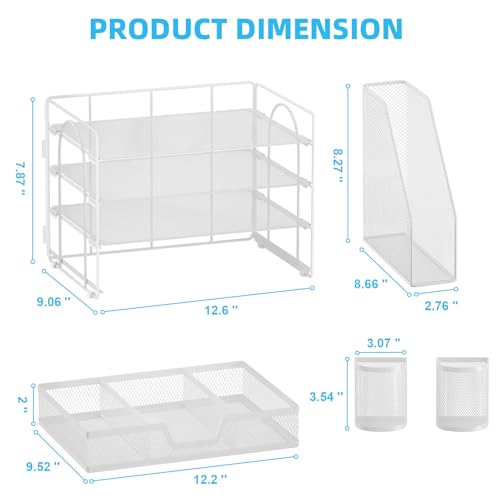 Marbrasse Desk Organizer and Accessories，4-Tier Paper Letter Tray Organizer with File Holder, Desk Accessories with Drawer and 2 Pen Holder (White, 15.4" x 9.1" x 8.3") - color: White