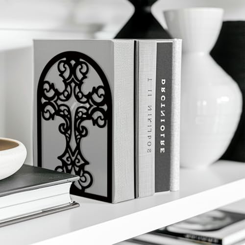 Peacoblue Metal Bookends for Shelves, Modern Decorative Heavy Duty Study Book Support Stoppers for Office, Desk, Shelf, Room 5.3"x4.3"x6.7" Cast Iron Simple Tall Bookends, 1 Pair (Cross) - style: Cross