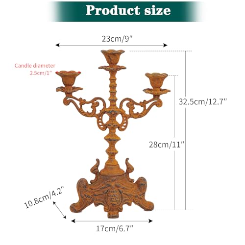 Sungmor Rusty Cast Iron 3 Arm Candelabra, 13" Tall Vintage Candlestick Holder, Decorative Taper Candle Holder, Pretty Centerpiece Candle Stand for Halloween, Christmas, Holiday Décor - color: Classical - 13inch Tall