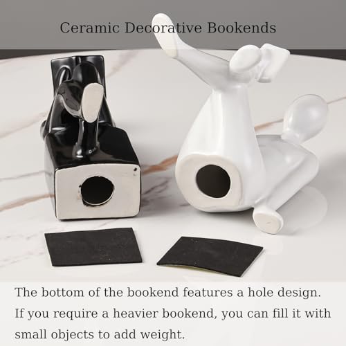Ceramic Decorative Bookends, Book Ends for Shelves, Home Office Decor Aesthetic Statues Book Holders Stoppers for Bookshelf, Table, Bedroom Living Room Decoration (White and Black) - color: White and Black