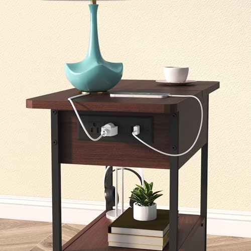 SOOWERY End Table with Charging Station, Narrow Side Table with Flip Top Cabinet and Fabric Drawer, Nightstand Bedside Tables for Small Spaces, Bedroom, Living Room, Dark Cherry - color: Dark Cherry