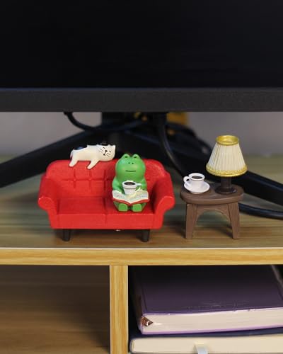 Mevodeata Cute Mini Frog Figurine with Small Sofa and Lamp Table Resin Frog Figure for Office Decor (Red Long Sofa) - color: Long Sofa-red