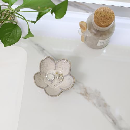Flower Ring Dish Holder,Jewelry Dish Tray,Small Trinket Tray,Jewelry Plate Bowl,Key Bowl,Decorative Plate,Mothers day Birthday Gifts for Women Friends,Ceramic Kiln effect Grey - color: Kiln effect Grey