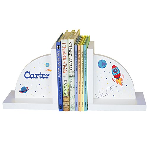 My Bambino Personalized Bookends Custom White Wood Book Ends for Children's Books | Baby Shower & Nursery Gift (Rocket and Planets) - color: Rocket and Planets