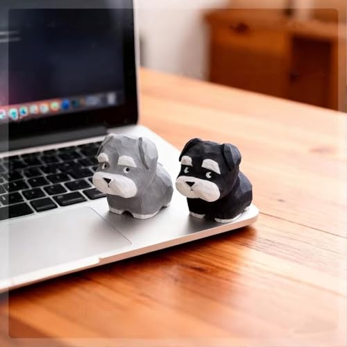 Hand-Carved Wooden Black & Silver Schnauzer Figurine – Mini Cute Dog Statue with Round Wooden Base for Desk & Home Decor, Car Dashboard Decoration, Unique Handmade Gift for Dog Lovers - color: Black and Silver Schnauzer