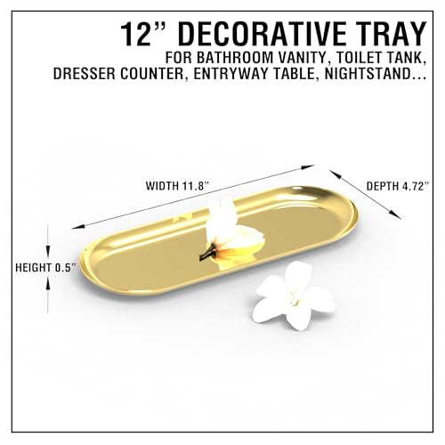 2 Pack Golden Bathroom Sink Vanity Decorative Tray, 12in Oval Trinket Storage for Dresser Counter, Stainless Steel Decor Jewelry Dish Tray, Perfume Candle Key Valet Organizer