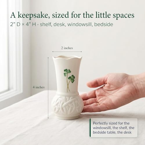 Belleek Durrow 4 Inch Shamrock Vase - Handcrafted Fine Parian China Irish Decor - White Flower Vase, 2" D x 4" H