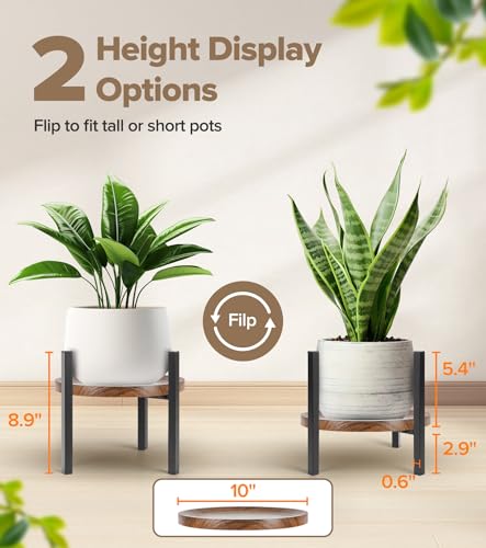 Plant Stand Indoor Adjustable with Walnut Wood Tray, Metal Modern Indoor Plant Stand, Heavy Duty Plant Stands Outdoor Corner, Stable Plant Holder, Fits 8 to 12 Inches Pots, Black, 1 Pack - color: Walnut Wood Tray, size: 1 Pack