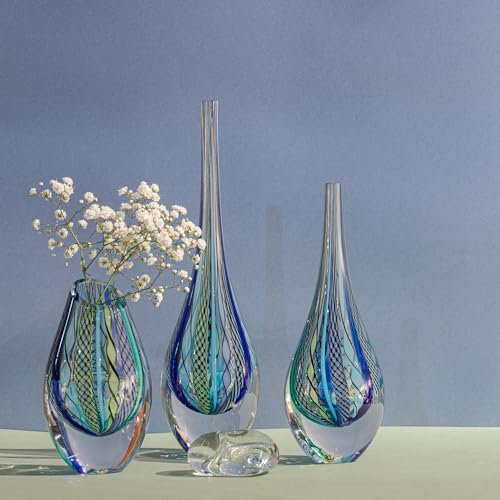 Ca D Oro Small Drop Glass Vase Boho with Blue/Green Canes Hand Blown Murano-Style Art Glass - Model Tall - color: Blue