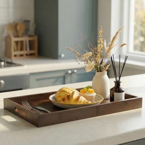 14.9''x10.2''x1.57'' Bamboo Wooden Tray with Handles, Rectangular Natural Solid Wood, Walnut Dark Brown Color Serving Tray.Suitable for Kitchen,Bedroom,Breakfast,Coffee,Decorative,Party Bars. - size: 14.9" x 10.2" x 1.6"