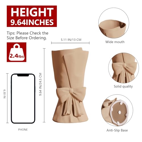 Relexome Beige Ceramic Bow Vase 9.64 in Unique Cute Modern Decorative Bouquet Flower Vases for Home Living Room Table Decor Women Girl Gifts - color: Beige