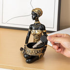 African Sitting Woman Handled Tray Resin Statue Tribal Art Figurine, Multi-Purpose Decorative Bowl Candy Dish Key Holder Jewelry Vanity Tray, Unique Housewarming Gift for Living Room Entryway Office