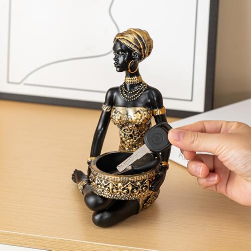 African Sitting Woman Handled Tray Resin Statue Tribal Art Figurine, Multi-Purpose Decorative Bowl Candy Dish Key Holder Jewelry Vanity Tray, Unique Housewarming Gift for Living Room Entryway Office