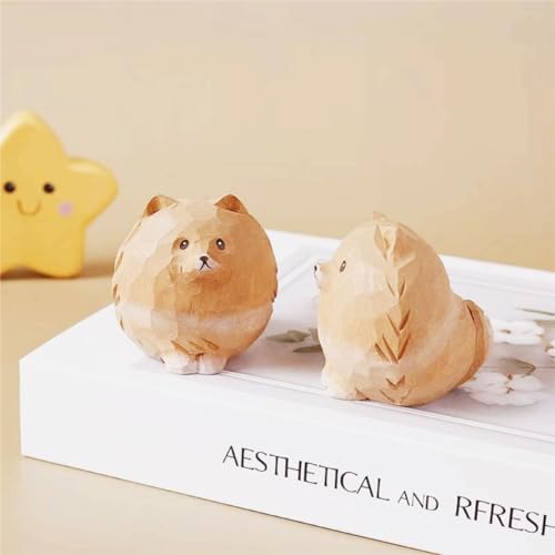 Hand-Carved Wooden Pomeranian Figurines – 1.9" Cute Ball Pomeranian Dog Statues, Small Wood Dog Decor Art Collectibles, Gift for Dog Lovers - color: Brown