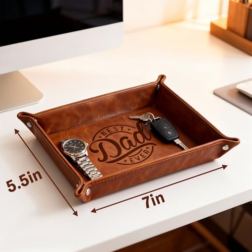 Leather Valet Tray for Best Dad – Personalized Engraved Catch All Tray with Custom Name or Initials – Unique Leather Organizer Gift for Father’s Day, Birthday, or Christmas from Daughter, Son, or Wife - style: Best Dad