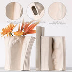 Ceramic Vase Bookends - Unique Decorative Bookend Flower Vases - Set of Two at 6.5in (16.5cm) Height - Cream White Matte Finish Modern Design - Aesthetic Home Office Library Decor