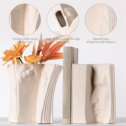 Ceramic Vase Bookends - Unique Decorative Bookend Flower Vases - Set of Two at 6.5in (16.5cm) Height - Cream White Matte Finish Modern Design - Aesthetic Home Office Library Decor