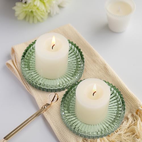 Vixdonos 3.8 Inch Glass Pillar Candle Holder Set Pack 2 Gear Round Plate Serrated Candle Stand for Table Centerpieces,Party, Wedding and Home Decor - color: Green