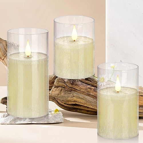 Flameless Flickering Remote Control Candle, Glass Pillar Candle,3 Pack (D:3"×H:4" 5" 6") LED 3D Flame Romantic Candle,Battery Operated Real Wax, Ideal for Wedding, Home Decor Holiday (Ivory) - color: H13# Ivory 3pack Glass