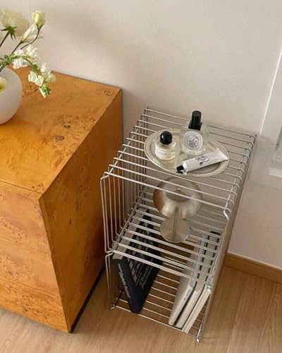 304 Stainless Steel Side Table,Square Geometry Retro Side Table Linear Metal End Table,Wire Cube Storage Rack, Book Stackable, Stainless Steel Coffee Table，Multi-Purpose Accent Table