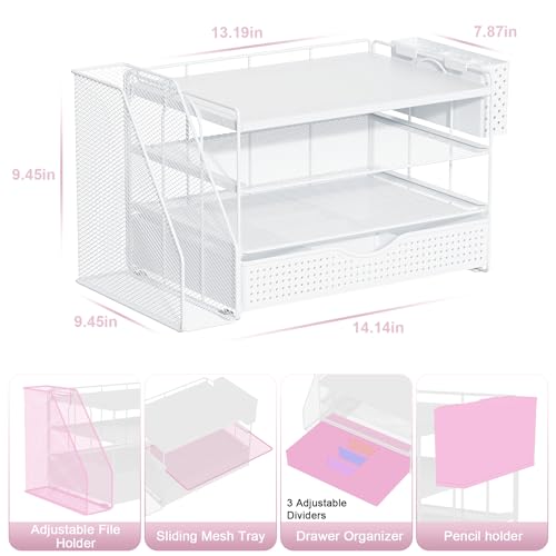 gianotter Wood Desk Organizers and Accessories with File Holder, 4-Tier Desk Accessories & Workspace Organizers with Drawer and Pen Holder, Paper Organizer for Office Supplies (White) - color: White