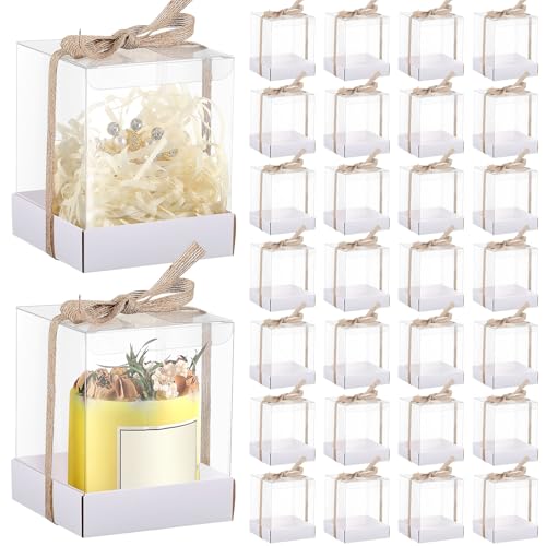 Cunno 36 Set 3.5 x 3.5 x 4.3 in Candle Gift Package Valentine's Transparent Box 4-18 oz Handmade Tealight Candle Holder Paper Bottom Ribbon for Wedding Baby Shower Party Mug(White) - color: White
