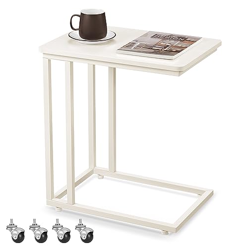VASAGLE End Table, C Shaped TV Tray with Metal Frame Rolling Casters for Coffee Laptop Mobile Tablet, Industrial Side Table for Living Room Bedroom, 19.7 x 13.8 x 23.6 Inches, Cream White ULNT050W77 - color: Cream White