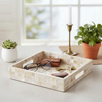 PEMAR 10" Mother of Pearl Catchall Tray for Coffee Table, Entryway, Nightstand. Square Serving Tray Wooden Luxury Decorative Handmade Eating Platters w Insert Handles (White Cream Squares Pattern)