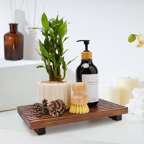 Renawe Farmhouse Bathroom Counter Tray Wood Display Pedesta Stand Kitchen Countertop Trays Decorative Wooden Riser Dish Soap Dispenser Holder for Bathroom Sink Accessories Kitchen Decor Vanity Tray - color: Brown, size: 12x6.7 inch