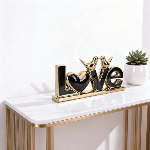 DOVDOV Black and Gold Ceramic Love Sign Sculpture with Heart and Bird Statues, Modern Home Decor Accents for Living Room Coffee Table, TV Stand, Entryway and Shelf, Wedding or Housewarming Gift - color: Bg
