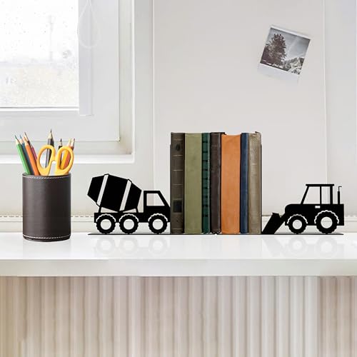 Construction Truck Decorative Bookends for Boys Room - Durable and Cute Design, Perfect for Nursery and Kids' Book Ends（Black Bulldozer） - color: Black Bulldozer
