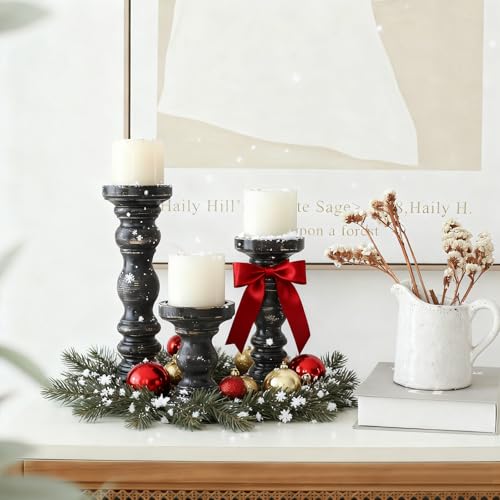 SWALLOWLIVING Rustic Farmhouse Wood Pillar Candle Holder Set of 3 for Candlestick, Black - color: Black