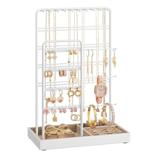 SONGMICS Necklace Holder, Jewelry Stand Holder Organizer, Jewelry Display with Metal Frame, Velvet Tray, Earring Bracelet Holder, for Gift Idea, 5.5 x 9.4 x 14.1 inch, Matte White UJJS028W01 - color: Matte White, size: 5.5"D x 9.4"W x 14.1"H