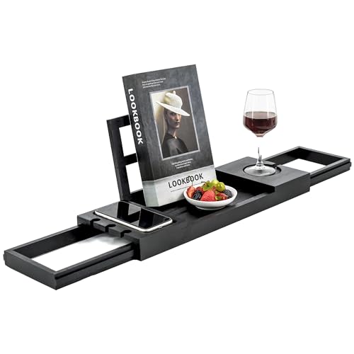Utoplike Bamboo Bathtub Tray Black, Adjustable Bath Caddy Table for Tub, Bathroom Organizer with Book Tablet Wine Glass Cup Towel Holder - color: 19.8-33.5 in Black