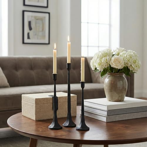 Denique Iron Taper Candle Holder Set of 3, Black Candlestick Holders Decorative Candle Stand, Tapered Candle Holders Tall Set for Wedding, Dining Table, Home Decoration (Black) - color: Black, size: 12”,14”,15.5”