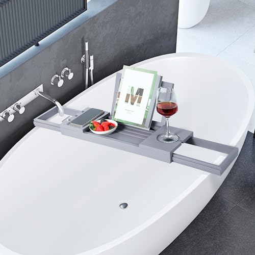 Utoplike Bathtub Tray Caddy Bamboo, Grey Bath Table for Tub Adjustable, Bathroom Organizer with Book Tablet Wine Glass Cup Towel Holder - color: 19.8-33.5 in Grey