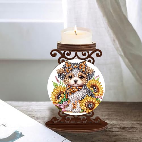Diamond Art Painting Candlestick Holder kits, Sunflower Puppy DIY shaped crystal Diamond art painting, woodiness Candle holder for AromaRelax & Home Decor, Christmas Halloween Ornaments (Double-Sided) - color: Sunflower Puppy