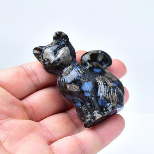 Natural Blue Amphibole Crystal Cat Statue 2.4 Inch - Handmade Healing Sculpture, Lucky Guardian Pocket Statue for Reiki Meditation, Office & Home Decoration Gift - color: Blue Amphibole