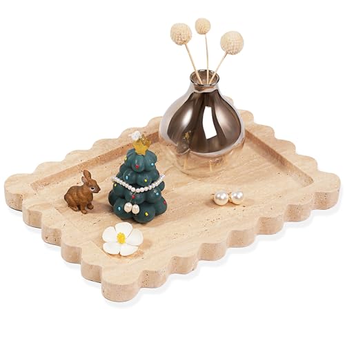 Scalloped Travertine Marble Tray - Large Home Decorative Stone Vanity Perfume Plates for Bathroom Accessories Coffee Table, Dresser Dish for Kitchen Countertop (10.6" x 7.4"x 0.8") - color: Scallop-travertine